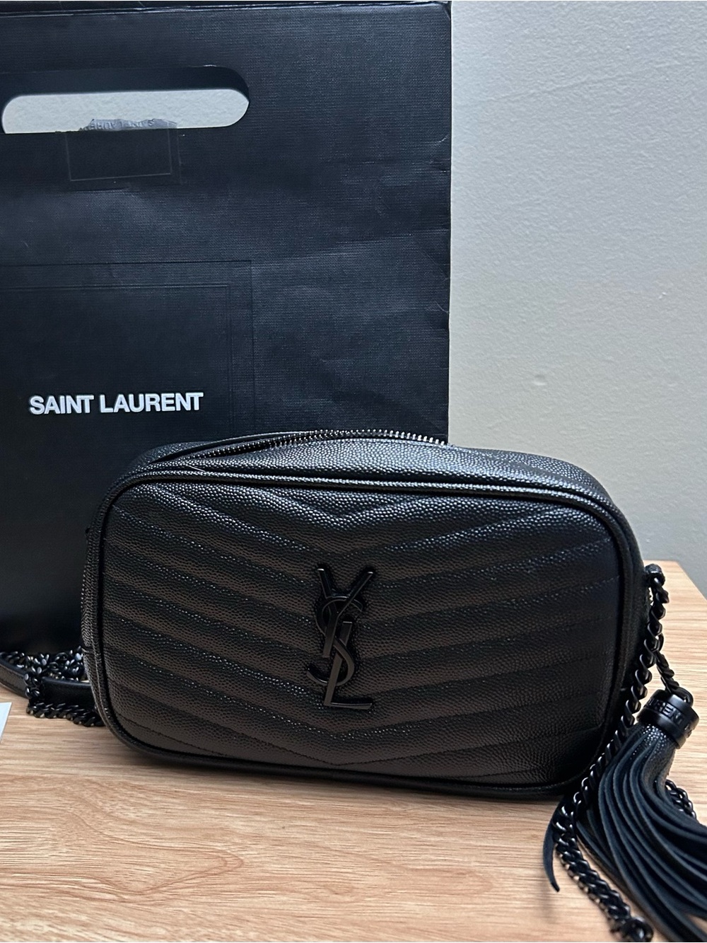 Saint Laurent Monochrome Black Chevron Leather Crossbody Camera Bag with Tassel
